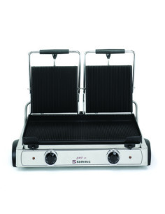 Plancha snack eléctrica acanalada doble de hierro fundido.