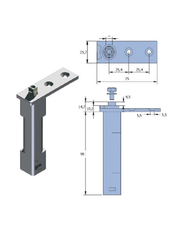 Datos técnicos
Largo (L): 112 mm 
Largo 1 (L1): 95 mm 
Largo 2 (L2): 15 mm 
Ancho (W): 25.5 mm 
Altura (h): 75 mm 
Distan